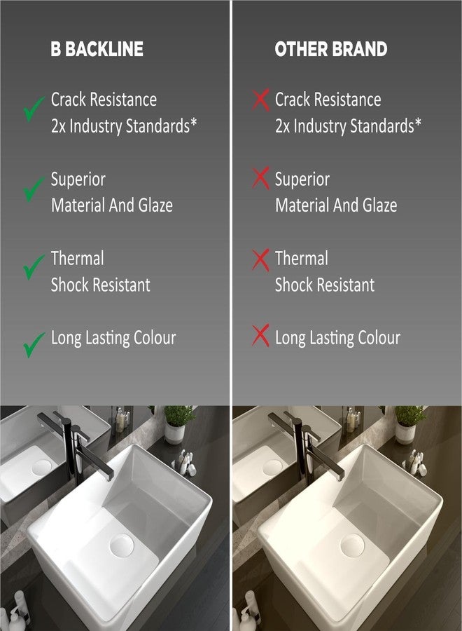 B BACKLINE حوض غسيل سيراميكي من B Backline، حوض غسيل مستطيل الشكل يُوضع على سطح الطاولة، مناسب للحمام وغرفة المعيشة، أبعاده 48 × 38 × 13 سم (أبيض). - Image 4